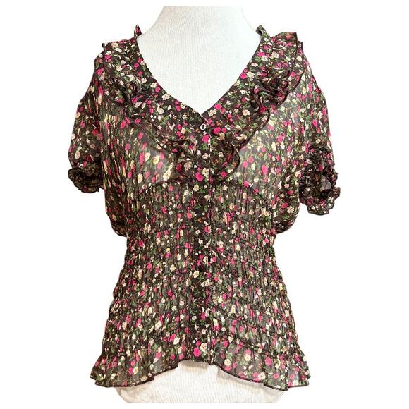 Dots XL Floral Ruffle Sheer Top Smocked Buttoned Y2K Cottage Feminine Coquette - Picture 1 of 11